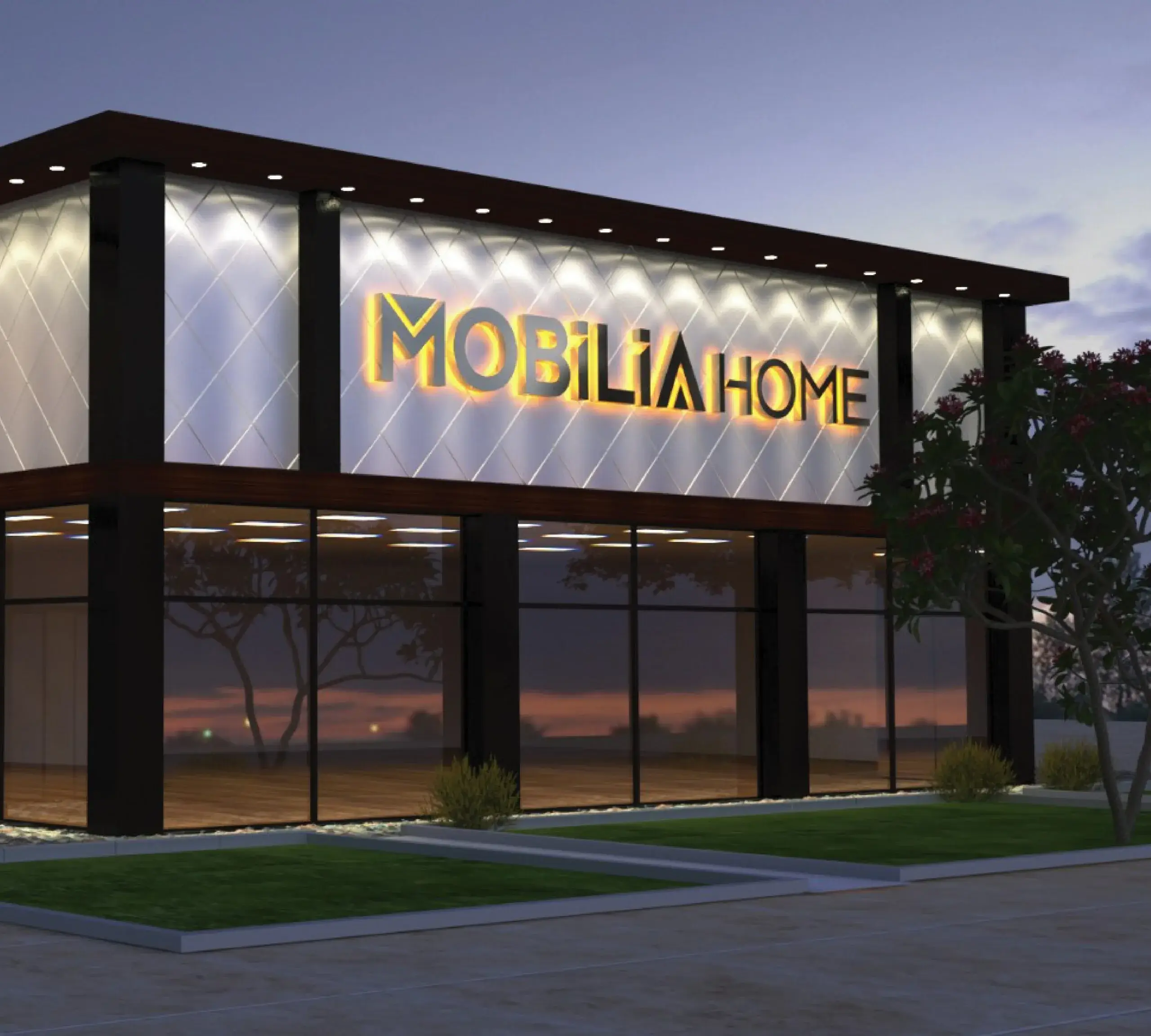 Bir mağazanın dış cephesinde Mobilia Home yazılı sarı ve siyah renkli reklam panosu