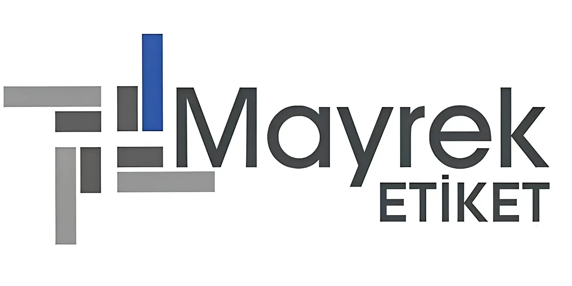 Mayrek etiket logosu mavi gri renk ve beyaz arka plan