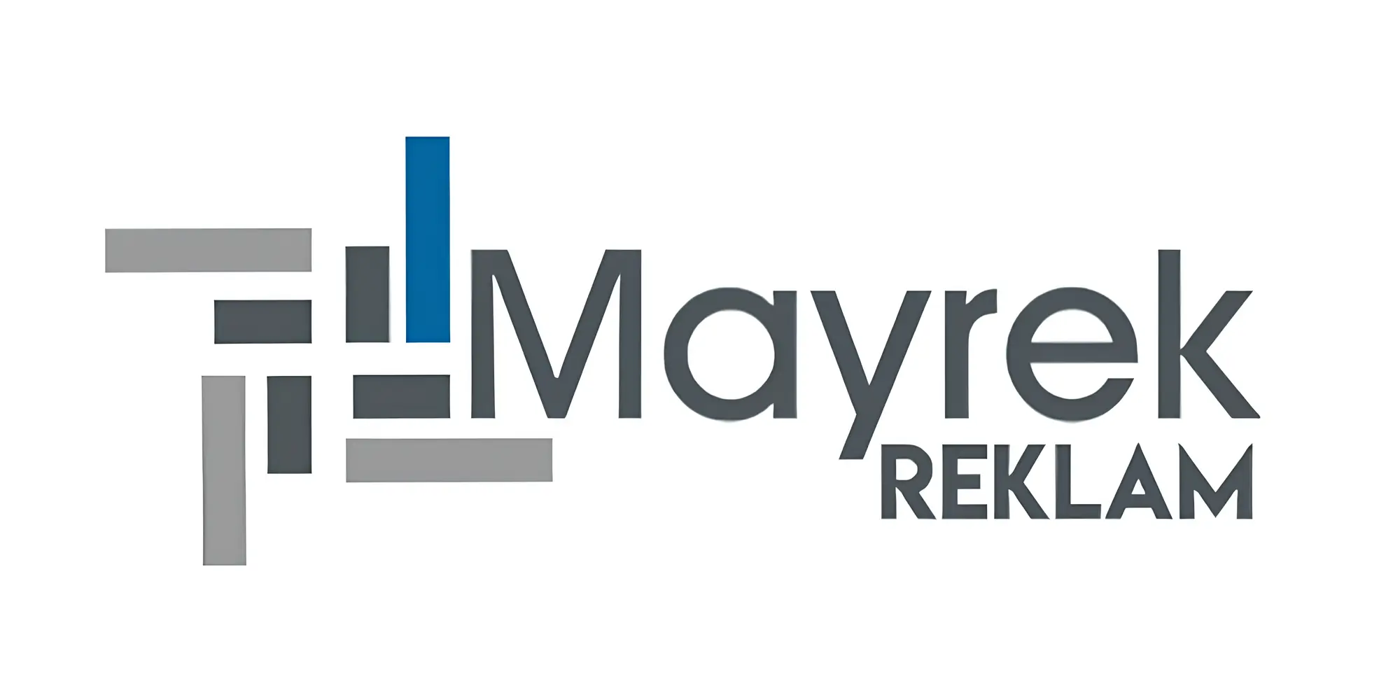Mayrek reklam logosu mavi gri renk ve beyaz arka plan